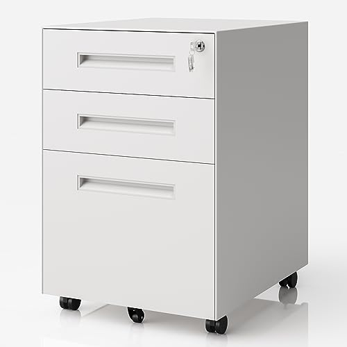 Dripex Metall Rollcontainer Stahl Rollcontainer mit 3 Schubladen und Hängeregistratur Abschließbarer Büroschrank Bürocontainer 5 Räder Aktenschrank 39 x 45 x 60 cm
