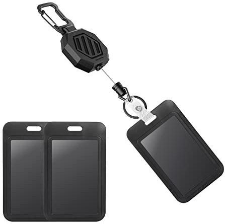 DELSWIN Sliding ID Badge Reel with Retractable Clip, Heavy Duty Keychain with ID Card Holder, 31.5 Retractable Cord (1 Badge Reel, 2 Holders)