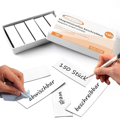ECENCE Magnetstreifen beschreibbar 150 Stück - 60x20mm - abwischbare Magnetschilder - Magnet-Etiketten zuschneidbar für Whiteboards, Kühlschränke, Magnettafeln - Weiss