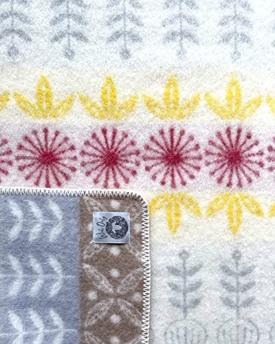 JOWOLLINA Wendedecke Wolldecke Plaid Kuscheldecke Öko-Wolle 130x200 cm, Folklore floral (Gelb Mohn)