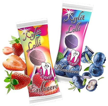 Xylit Lolli MIX Erdbeere & Blaubeere, 50 Stk x 6g - Keine Chance für Karies | Zahnfreundliche, kalorienreduzierte, zuckerfreie & vegane Lollipop mit Xylit, Erdbeere & Blaubeere für Groß & Klein