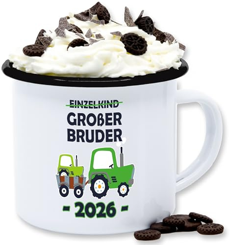 Emaille Tasse Blechtasse - Tassen - Einzelkind Großer Bruder 2026 Traktor - 300 ml - Weiß Schwarz - big brother 2023 becher große brüder groser kaffeetasse bruder gro er