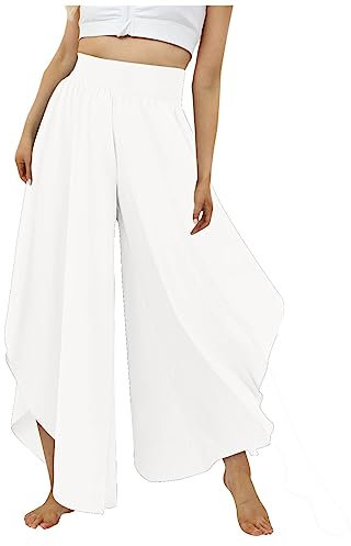 RMBLYfeiye Palazzo Hose Damen Paperbag Waist Einfarbiges Unregelmäßiger Saum Haremshose Elastische Taille Bauchweg Stretch Plissee 3/4 Reha Hosen