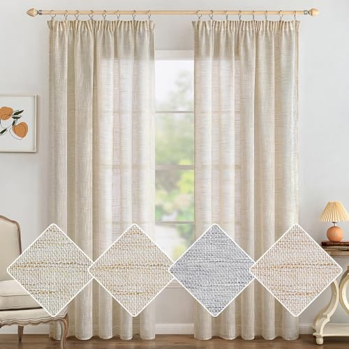 MIULEE Linnegardiner med rynkband, Vardagsrumsgardin, Linnelook, Modern Voile, Skensystem, Sovrum, Set om 2, Brunvit, 140x160 cm
