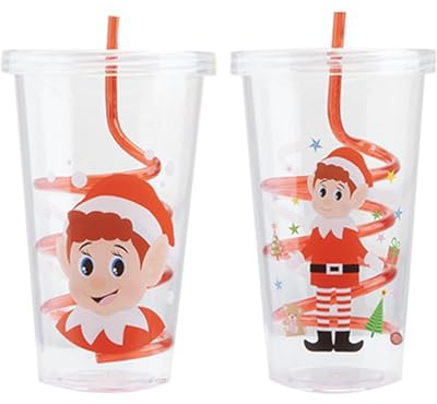 PMS Elves Behaving Badly Christmas Drinking Cup with Straw Assorted Designs Reusable Plastic Xmas Festive Gift