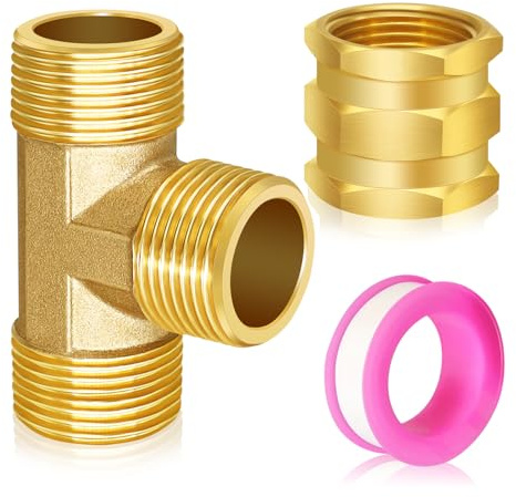 Boltigen 3/4 Heavy Duty Brass Garden Hose Tee - NPT Male x3 w/Swivel Port & 1X Hex Nipples, 3-Way Connector for Faucet to Sprinkler or Car Wash (Male to Female Adapters, Leak-Free)