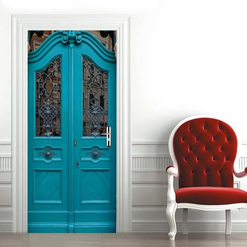 A.Monamour Pegatinas Decorativas de Puerta Autoadhesivo 3D Fachada Tradicional Europea Con Puerta De Entrada Azul Vinilo para Puertas Mural PVC Pegatinas de Pared Foto Poster 77 x 200cm