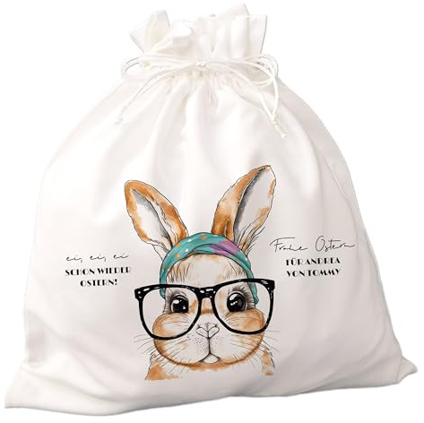 FEENSTAUB Ostersackerl, Ostern Geschenkverpackung Stoff, personalisierbar, Ostersäckchen mit Namen und Text, Geschenkbeutel Ostern, Alternative zum Osterkörbchen, bedruckt mit Osterhasen