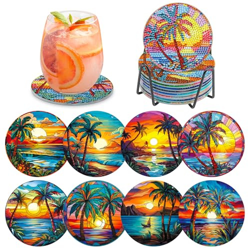 MOGTAA 8Pcs Diamond Art Coasters with Holder, 5D Tree Landscape Diamond Art Coasters Kits for Adults Beginners, DIY Round Diamond Painting Coaster Sunset Crystal Crafts for Home Decor