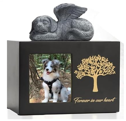 DiDiBirDi Urne pour Cendres de Chien Boîte en Bois Noire Urne pour Chien avec Statue de Chien et Sac en Tissu pour Les Cendres (25kg)