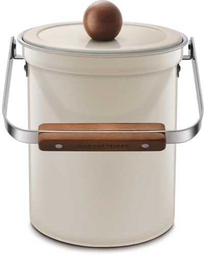 WAGENSTEIGER Kitchen Countertop Compost Bin 101ounces / 3Liters, Airtight Lid SUS304 Stainless Steel Odor-Free Food Waste Bin with Wooden Handle Stylish Design Bathroom Trash Can (Off-White)