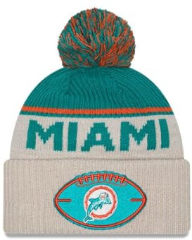 New Era Miami Dolphins NFL 2024 Sideline Historic Sport Knit Beige Türkis Bommelmütze - One-Size