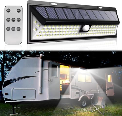 Unifizz Lampe solaire pour camping-car - Détecteur de mouvement - 118 LED - Avec télécommande - Étanche - Pour les voyages en camping-car, les remorques de voyage