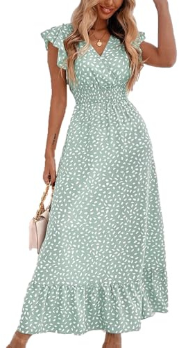 BSLVWG Vestido Maxi Femenino Pétalos de Volantes, Mangas Cortas, Flores de Cuello V en Plena floración, Faldas largas de Ocio en la Playa de Verano (FR/ES, Letras, XL, Regular, Regular, Verde)
