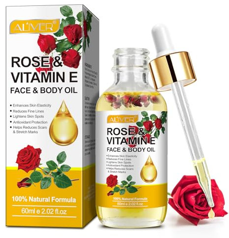 Rose & Vitamin E Oil for Face & Body, Olio di Rosa per Viso, Idratante, Antirughe, Antimacchie, Ridurre Cicatrici & Rughe, Perfetto Olio da Massaggio per il Massaggio di Articolazioni e Muscoli, 60ml