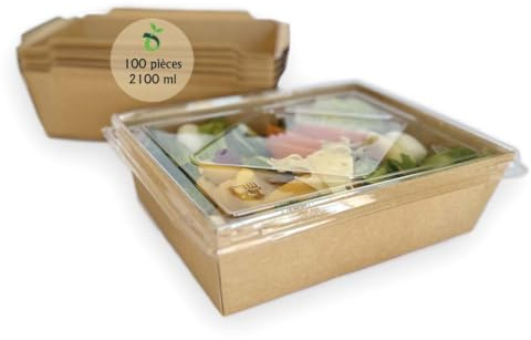 ECOPICNIC Lot de 100 Lunchbox en Kraft 2100 ML avec Couvercle | Boîtes Alimentaires jetables en Carton Kraft pour Repas à emporter, barquettes écologiques avec Couvercle pour salades, gâteaux