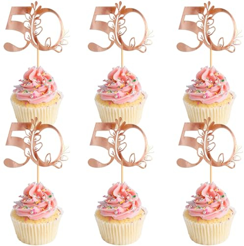 Blumomon 24Pcs 50th Happy Birthday Cupcake Toppers Happy 50 Cupcake Topper Cheers to 50 Cake Decoration 50th Birthday Party Decoration 50th Anniversary Cake Decoration（Rose Gold）