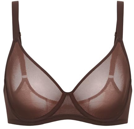 Delimira Women's Cosnufy Sheer Mesh Bra Full Coverage Plus Size Plunge Unlined Underwire Bras Hazelnut 36G