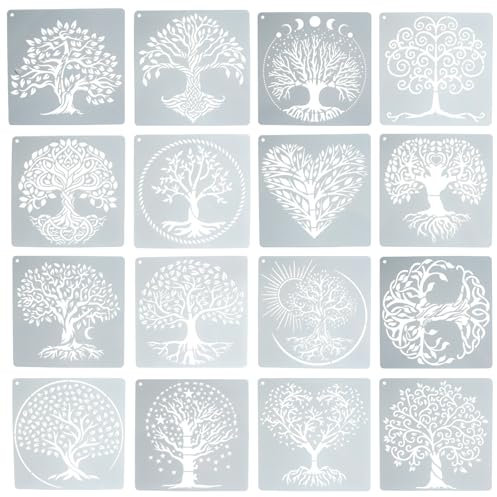 16 Stück Baum-Schablone des Lebens - Natürliche Pflanzen, Waschbar, Wiederverwendbar zum Malen auf Holz, Wand, Boden, Möbel, Raumdekoration 15,2 x 15,2 CM