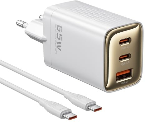 toocki Chargeur USB C GaN 65W, 3 Ports USB-C/A, Câble 100W Inclus, Blanc