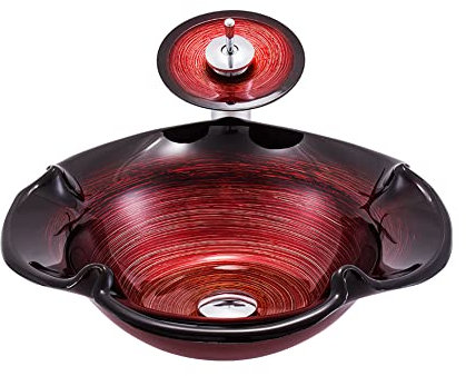 Waschbecken aus gehärtetem Glas, Badezimmer-Montagering mit Abstrakter Kunst, Waschtisch mit Wasserfall-Badezimmerhahn und Pop-Up-Abfluss, Orange (Rot)