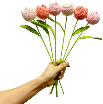 Urier 6 st virkad blomma tulpanbukett, 38 cm färdiga handvävda buketter, falska blommor, handgjorda virkade blommor, bomull, tulpan, bulk för heminredning, bordsuppsatser, kvinnor, vänner, (blandad