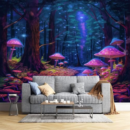 JEDTAKCT Papier Peint Panoramique Forêt De Champignons 300X210Cm - Photo Décoration Murale – Papier Peint Mural Pour Cuisine Chambre, Salon, Fond Tv - Paysage Psychédélique - Revêtement Mural