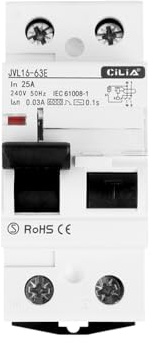 CILIA Interrupteur Différentiel Type AC 30 mA 6 kA – Sauvetage 1P+N 25/40/63A, 230/400 V AC, Raccord DIN 2 Modules, Courbe C – Protection Court-Circuit et Surcharge In=25A (JVL16-63-1P-25A)