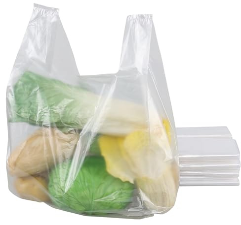 Minekkyes 400 Count Plastic T-Shirt Bags with Handles, Clear Grocery Carry-out Bags