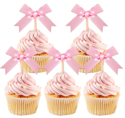 24 Pcs Pink Bow Cupcake Toppers (Pink) | Pink Bow Birthday Decorations, Bridal Decorations, Baby Shower Decorations, Wedding Decorations