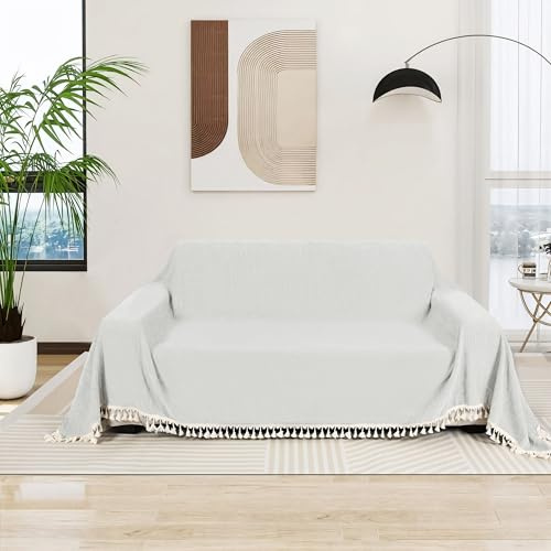 Leorate Sofa Throw Blanket – Large 180x130cm Light Gray Fringed Tassel Couch Cover, Soft Decorative Woven Blanket for 3 Seater Sofa, Bed, Chair, Machine Washable Home Decor