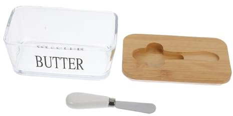 Mikikit Mantequillera De Cristal Con Tapa De Bambú Hermética, Bandeja Grande Para Mantequilla y Queso, Incluye Cuchillo, Para Encimera y Refrigerador, Set Doméstico Versátil
