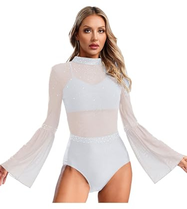 Xnihocha Damen Glitzer Tanzbody Sheer Mesh Tanzanzug Langarm Ballettanzug mit Strass Einteiliger Eiskunstlauf Tanz Trikotanzug
