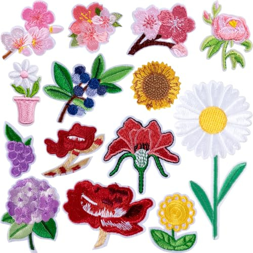 HINZIC 14pcs Mini Flower Iron On Patches 14 Patterns Decorative Embroidered Patches Floral Sewing Appliques Valentines Wedding for Jeans, Clothing, Jacket, Hat, Backpacks, Pants, Bouquet