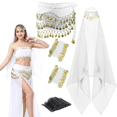 4 Stk Bauchtanz Kostüm Set Hüftschal Kopftuch Münzen Armband Damen | Mit 50 Haarnadeln, Halloween Rave Kostüm Zubehör, Karneval Party Outfit, Bauchtänzerin Verkleidung, Festival Accessoires