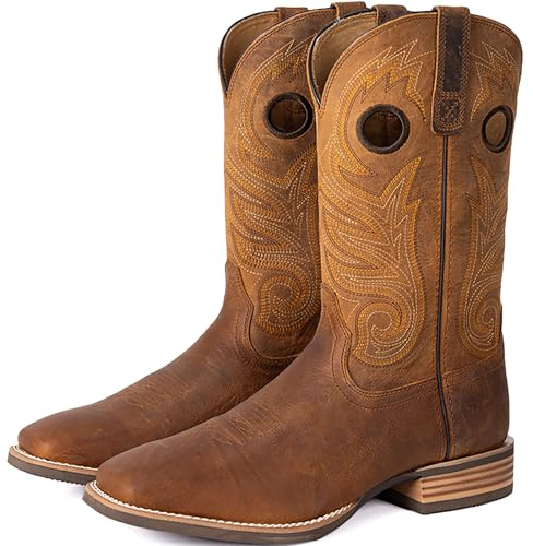 Palitutu Cowboystiefel für Herren, hochwertiges Echtleder, quadratische Zehenpartie, Westernstiefel, handgefertigt, bestickt, Schlupfstiefel, Wadenmitte, braun, 43 EU