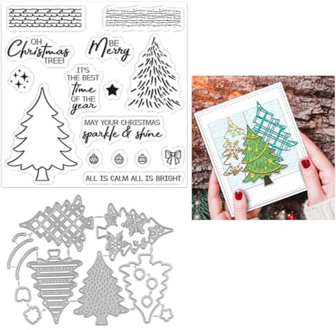 Sredwtk Weihnachtsbaum Weihnachten Stanzschablonen und Stempelset,Stempel und Stanzen Set,Silikonstempel und Stanzen Set,Clear Stamp und Stanzschablone Für DIY Scrapbooking Fotoalbum Dekor Karten