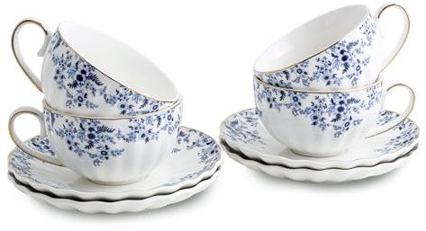 Agyiuns ceramic tea cups and saucers 6oz,floral tea cups for Coffee, Latte, Cafe Mocha and Tea (Little Blue Flowers)