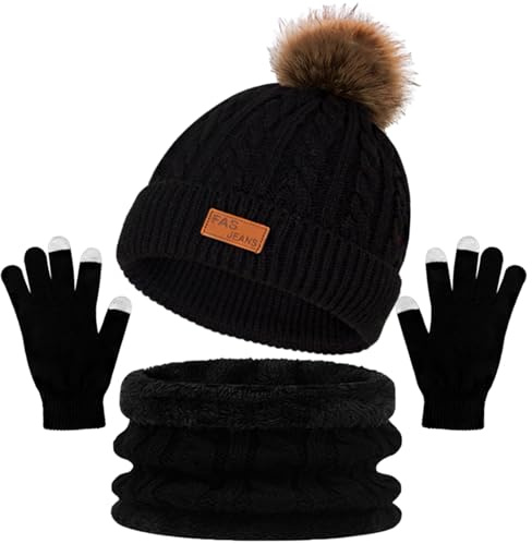 PORUPAEL Ensemble bonnet, écharpe, gants pour adultes, hommes et femmes - Ensemble bonnet, écharpe et gants - Avec doublure en tricot - Gants d'hiver - Écharpe tubulaire, Noir , 1