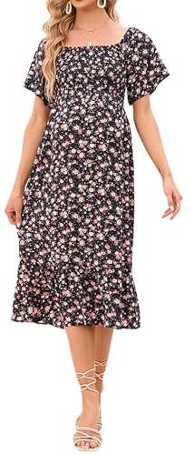 Floral Maternity Dress for Baby Shower Short Sleeve Square Neck Smocked Boho Dress, Black Floral, L