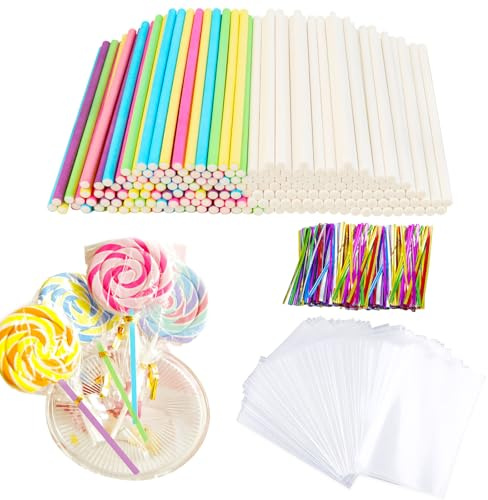 200Pcs Cake Pop Sticks and Wrappers Kit Cake Pop Bags 10cm Lollipop Sticks | Cake Topper Sticks Paper Colourful Lollipop Sticks Mini Cake Pop Sticks for Making Lollipops Candies Chocolates and Cookies
