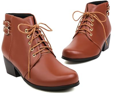 KUHAOFEU Botines Cortos de Mujer con Cordones, Punta Redonda, cómodos, con tacón bajo, Ideales para Vestidos,Marrón,42 EU