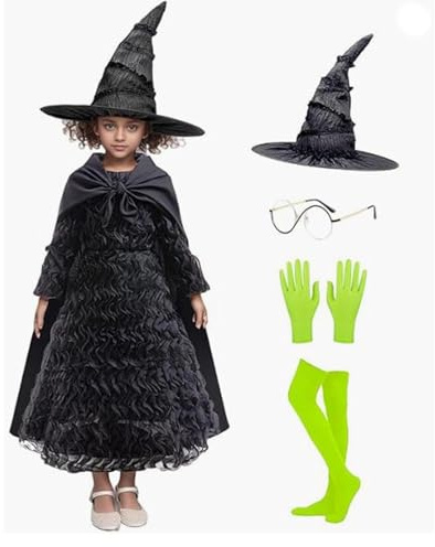 Trollkarlskostym Set för Barn | Halloween Klänning Set med Hatt och Käpp - Vädrande Utklädnad För Flickor 5-12 År,Scenframträdande Teater Kostym