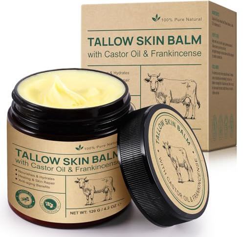 Beef Tallow Skin Care with Castor Oil Frankincense Oil, Tallow Face Cream for Face & Body Moisturizer for Sensitive Skin, All-Purpose Balm, 100% Grass-Fed Tallow for Skin Care