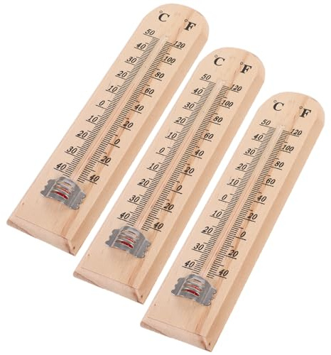DECHOUS Termometro da Interno ed Esterno in Vetro Supporto in Legno Naturale Set da 3 Pezzi Indicatore di Temperatura Chiaro per Serra Cameretta e Spazi Abitativi