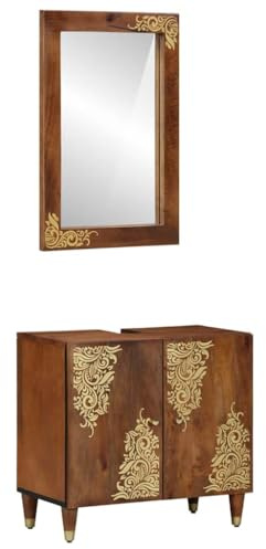 HETFTJN Ensemble de meubles de salle de bain - Marron miel - 62 x 33 x 58 cm - En bois de manguier massif - Armoire de salle de bain moderne avec miroir plat, espace de rangement et pieds carrés