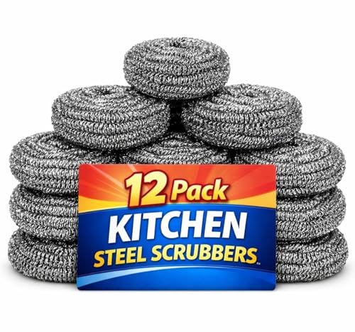 12x Scourer Stainless Steel Secures Washing Up Scrubbers Perfect for Cleaning Washing Dishes Pots Pans Sinks Basins BBQ Ovens Grills Home Restaurants Kitchen Accessories (12pc)