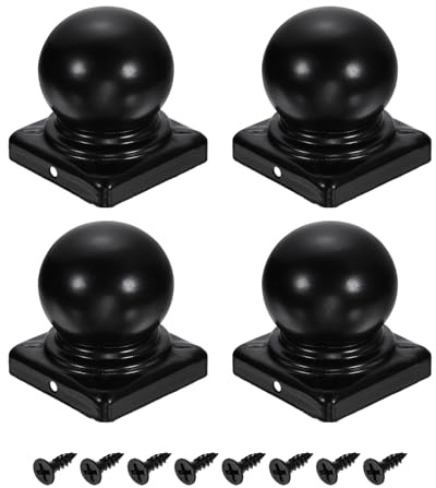 QUARKZMAN 4Stk Zaunpfostenkappen 60mm/2.36 Zoll Quadratische Wasserdichte Kugel-Oberteil Eisen Pfostenkappen Abdeckung Mit Schrauben Für Draußen Metall Holz Zaun Deck Briefkasten Schwarz