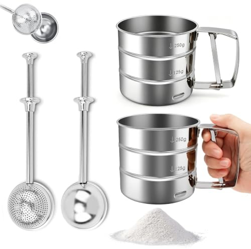 4 Pcs Flour Sifter Sieve, Stainless Steel Flour Sieve and Tea Strainer Set of Four, Two Small Flour Shakers with Half-Hole Design for Baking and Cooking Needs, Durable Kitchen Sifters for Fine Sieving