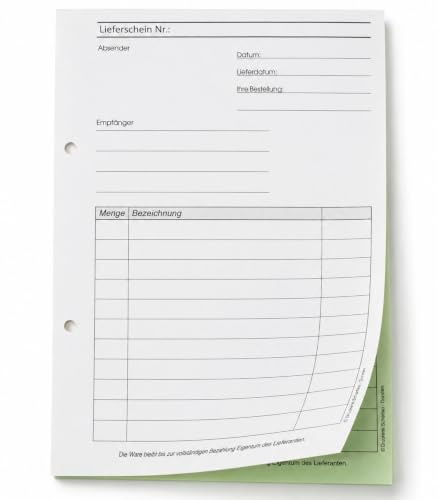 1x Lieferscheinblock DIN A5 2-fach selbstdurchschreibend 2x50 Blatt | Lieferscheinbuch A5 2-fach selbstdurchschreibend, 2x50 Blatt weiß/grün, gelocht